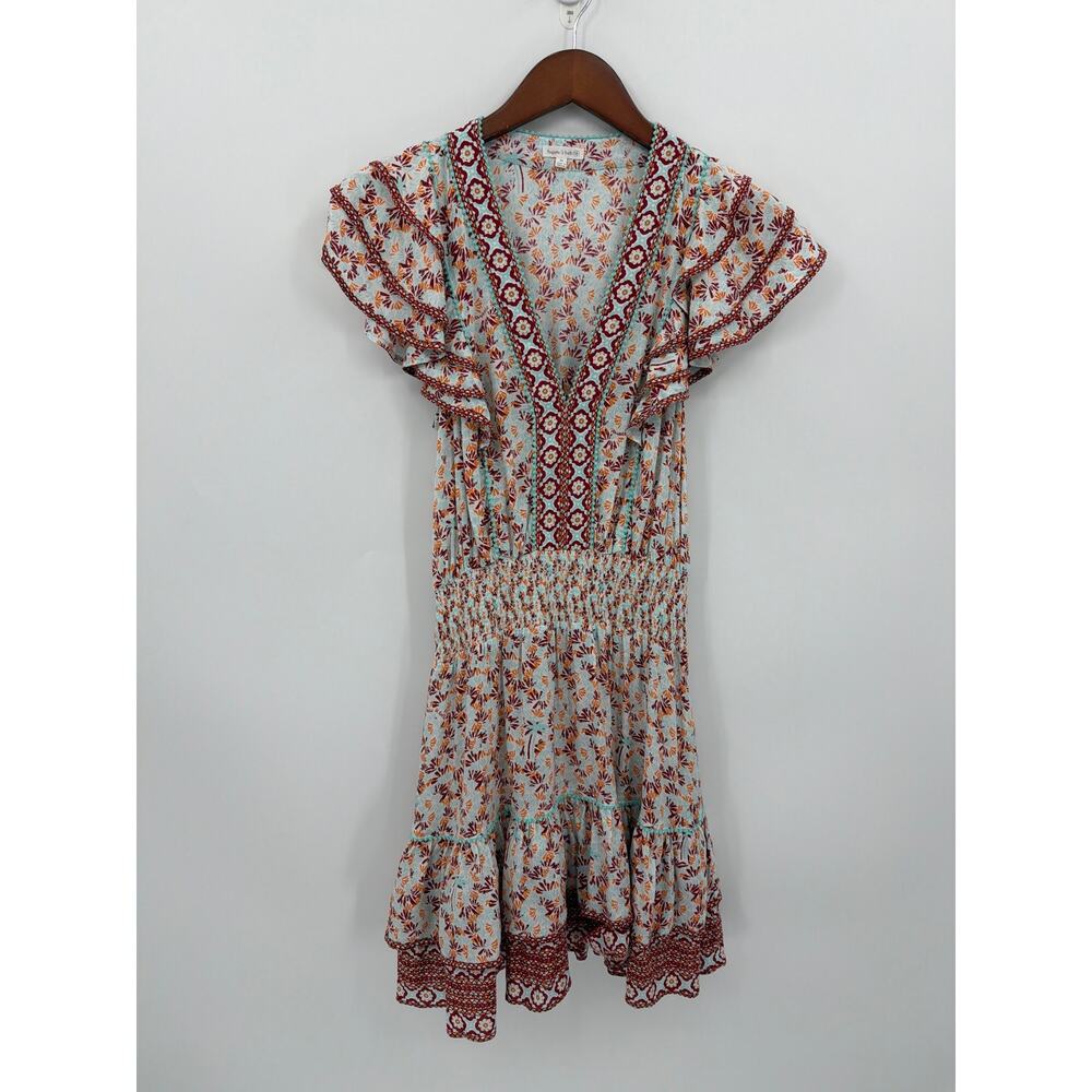 Poupette St Barth Camila Mini Dress Floral Boho Ruffle Smocked Size Medium - Picture 2 of 10